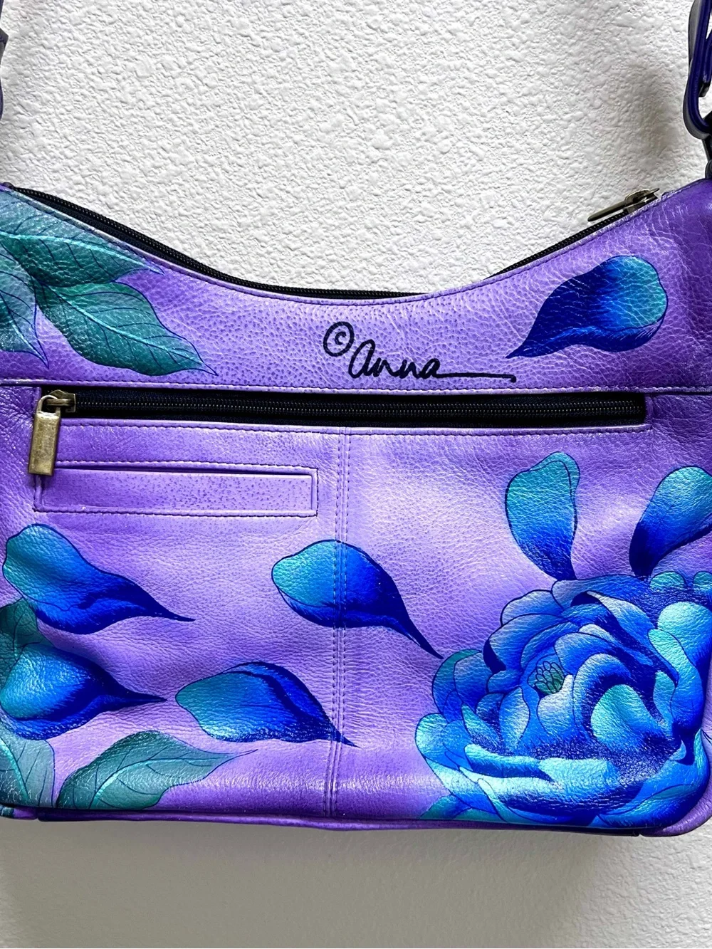 Anna by Anuschka “Precious Peony Eggplant” Hand Painted Leather Crossbody - Picture 8 of 13